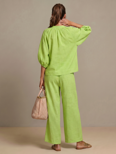 Natalia | Top blusón con cremallera frontal y conjunto de pantalones de pierna ancha