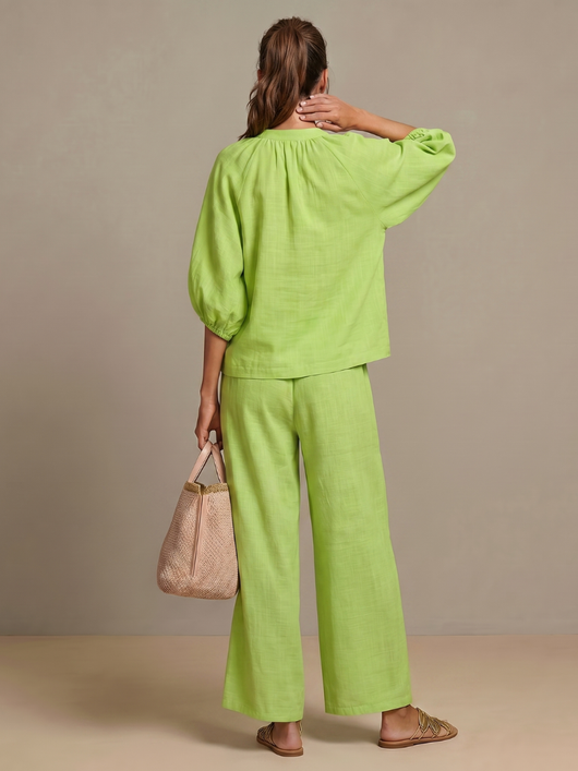 Natalia | Top blusón con cremallera frontal y conjunto de pantalones de pierna ancha