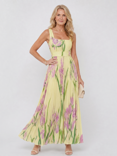 Oriana | Vestido midi sin mangas con escote cuadrado y pliegues