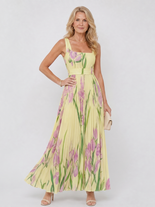 Oriana | Vestido midi sin mangas con escote cuadrado y pliegues