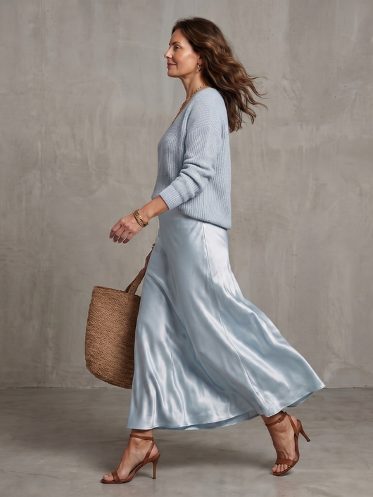 Luciana | Conjunto de falda satén sesgada para otoño con capas de punto