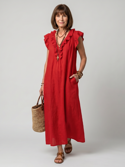 Fernanda | Vestido midi sin mangas con ribete de volantes