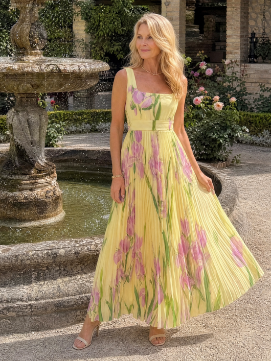 Oriana | Vestido midi sin mangas con escote cuadrado y pliegues