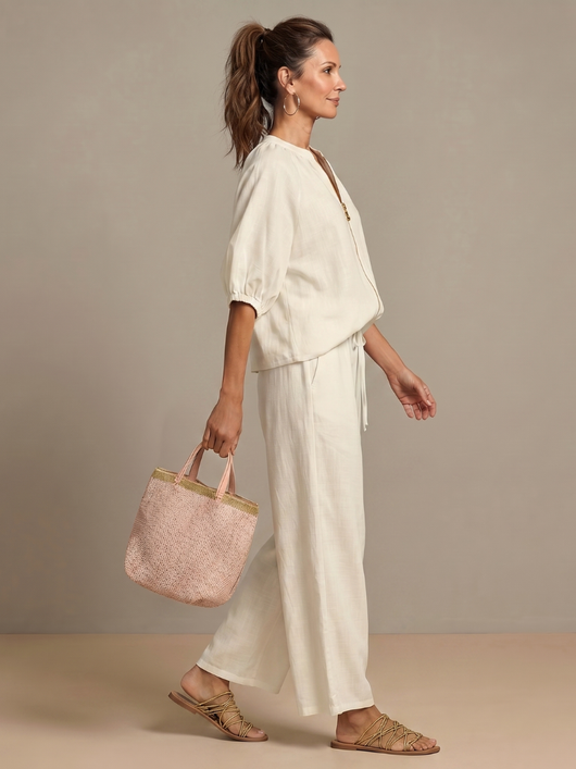 Natalia | Top blusón con cremallera frontal y conjunto de pantalones de pierna ancha