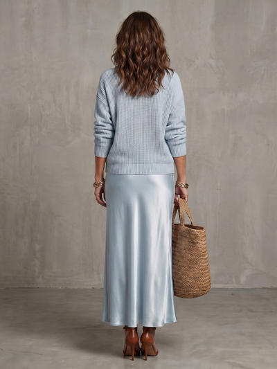 Luciana | Conjunto de falda satén sesgada para otoño con capas de punto