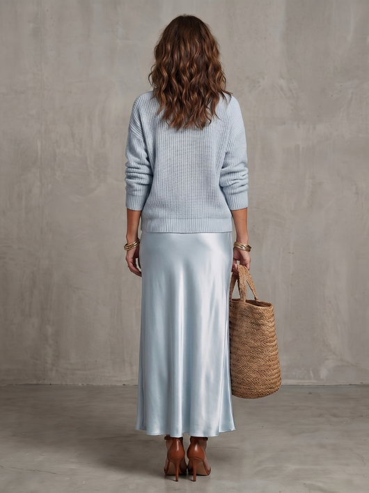Luciana | Conjunto de falda satén sesgada para otoño con capas de punto