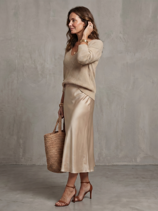 Luciana | Conjunto de falda satén sesgada para otoño con capas de punto