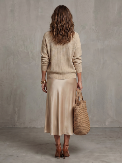 Luciana | Conjunto de falda satén sesgada para otoño con capas de punto