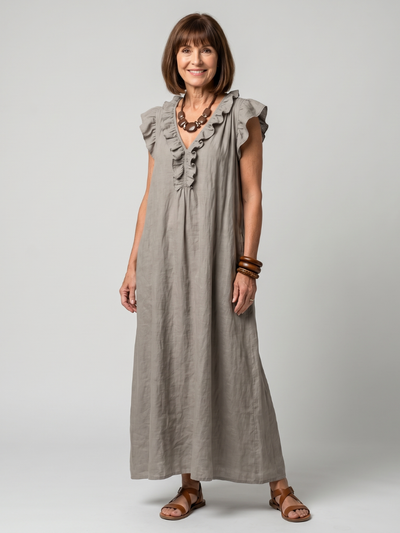 Fernanda | Vestido midi sin mangas con ribete de volantes