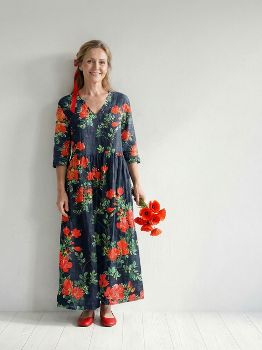 Cyrus | Vestido midi floral con drapeado suave