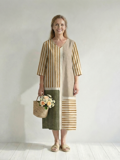 Soren | Vestido midi de rayas mixtas en tonos claros