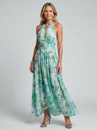 Portia | Vestido midi con cuello halter plisado y estampado floral
