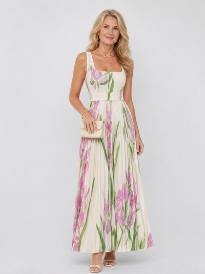 Oriana | Vestido midi sin mangas con escote cuadrado y pliegues