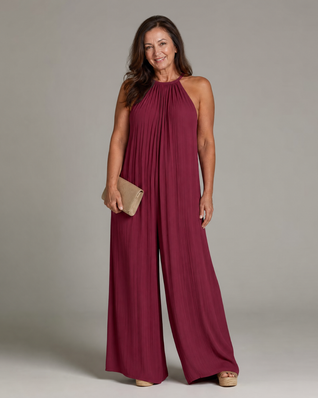 Silvia | Mono plisado con cuello halter, de pierna ancha y corte holgado