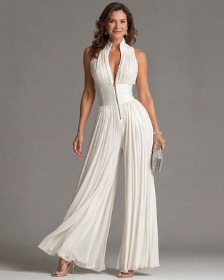 Zahira | Mono plisado de cuello halter con pierna ancha