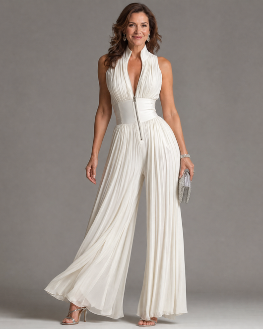 Zahira | Mono plisado de cuello halter con pierna ancha