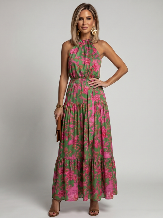 Rosa | Vestido midi drapeado con escote halter