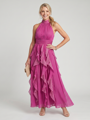 Aitana | Vestido largo con cuello alto, fruncido y volantes en capas