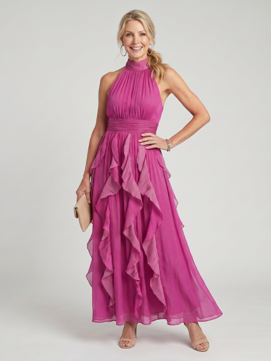 Aitana | Vestido largo con cuello alto, fruncido y volantes en capas
