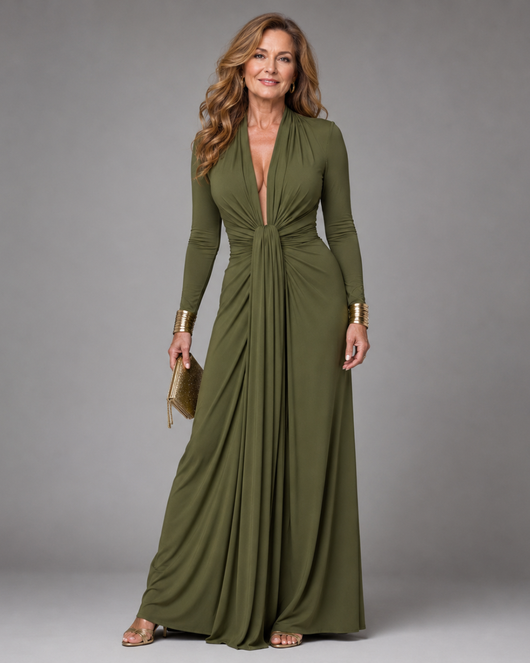 Viviana | Vestido maxi de manga larga con drapeado y escote en V profundo
