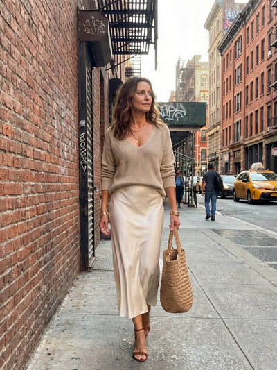 Luciana | Conjunto de falda satén sesgada para otoño con capas de punto