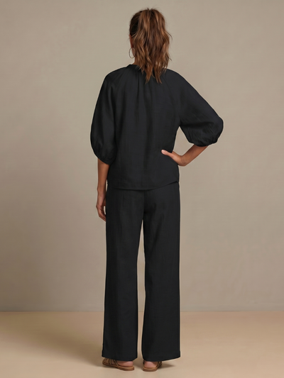 Natalia | Top blusón con cremallera frontal y conjunto de pantalones de pierna ancha
