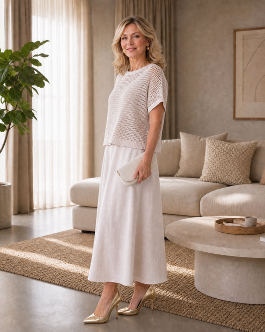 Soraya | Conjunto de top de punto calado y vestido midi fluido