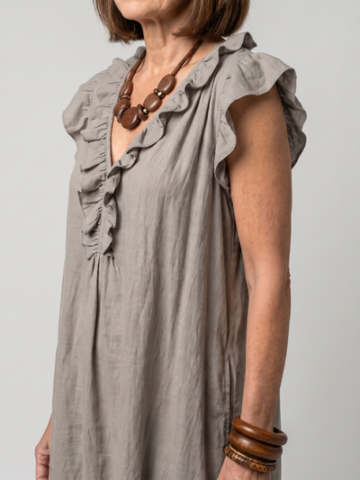 Fernanda | Vestido midi sin mangas con ribete de volantes