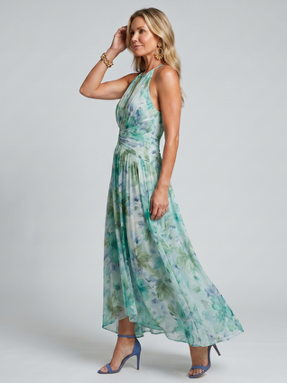 Portia | Vestido midi con cuello halter plisado y estampado floral