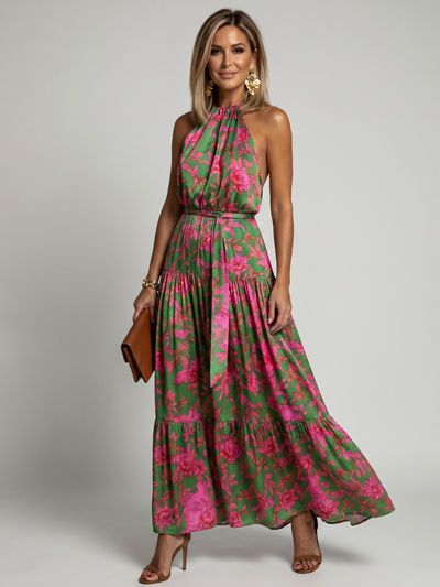 Rosa | Vestido midi drapeado con escote halter
