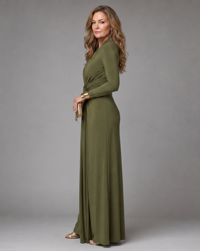 Viviana | Vestido maxi de manga larga con drapeado y escote en V profundo