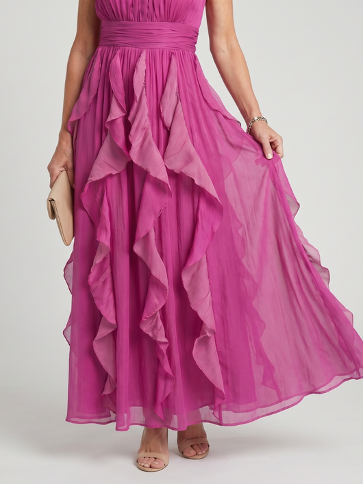 Aitana | Vestido largo con cuello alto, fruncido y volantes en capas