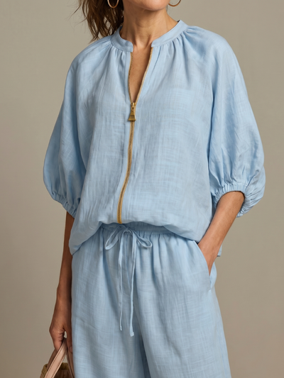 Natalia | Top blusón con cremallera frontal y conjunto de pantalones de pierna ancha