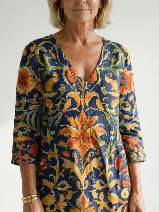 Elise | Vestido midi floral ornamentado de líneas limpias
