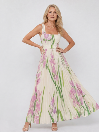 Oriana | Vestido midi sin mangas con escote cuadrado y pliegues