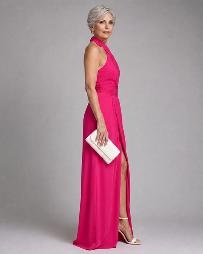 Valeria | Vestido midi drapeado con escote halter cruzado y abertura lateral