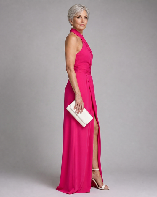 Valeria | Vestido midi drapeado con escote halter cruzado y abertura lateral