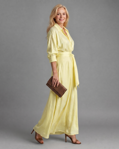 Zaida | Vestido midi con cinturón, cuello, manga larga y caída fluida