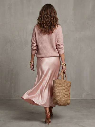 Luciana | Conjunto de falda satén sesgada para otoño con capas de punto
