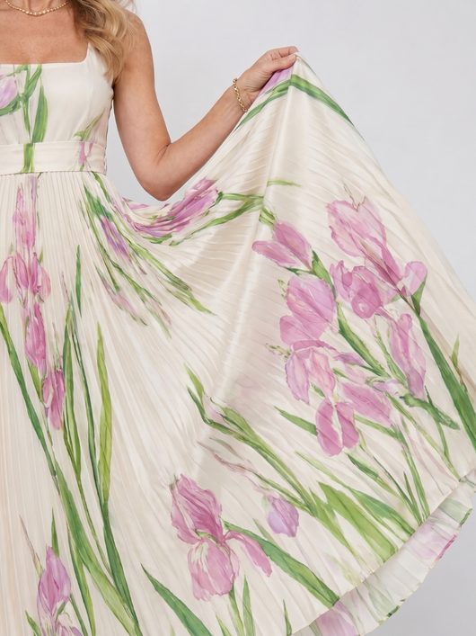 Oriana | Vestido midi sin mangas con escote cuadrado y pliegues