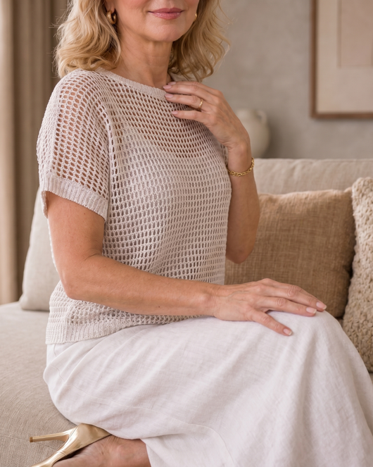 Soraya | Conjunto de top de punto calado y vestido midi fluido