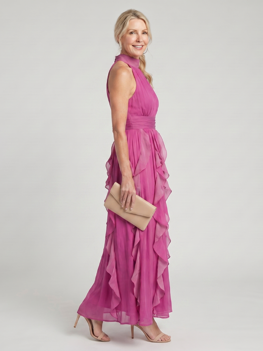 Aitana | Vestido largo con cuello alto, fruncido y volantes en capas