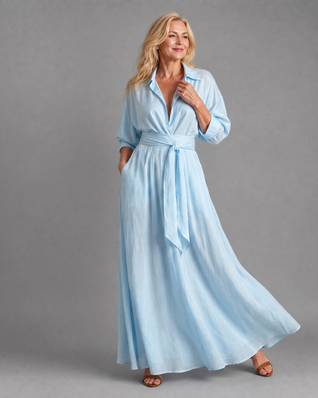 Zaida | Vestido midi con cinturón, cuello, manga larga y caída fluida