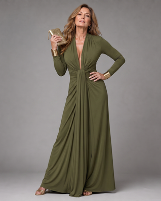 Viviana | Vestido maxi de manga larga con drapeado y escote en V profundo
