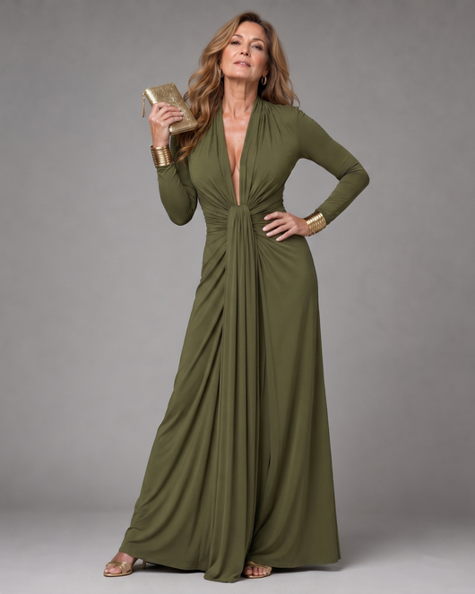 Viviana | Vestido maxi de manga larga con drapeado y escote en V profundo