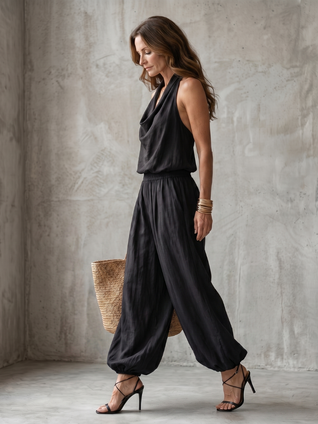Yolanda | Conjunto de top fluido con cuello drapeado y pantalón de pierna ancha
