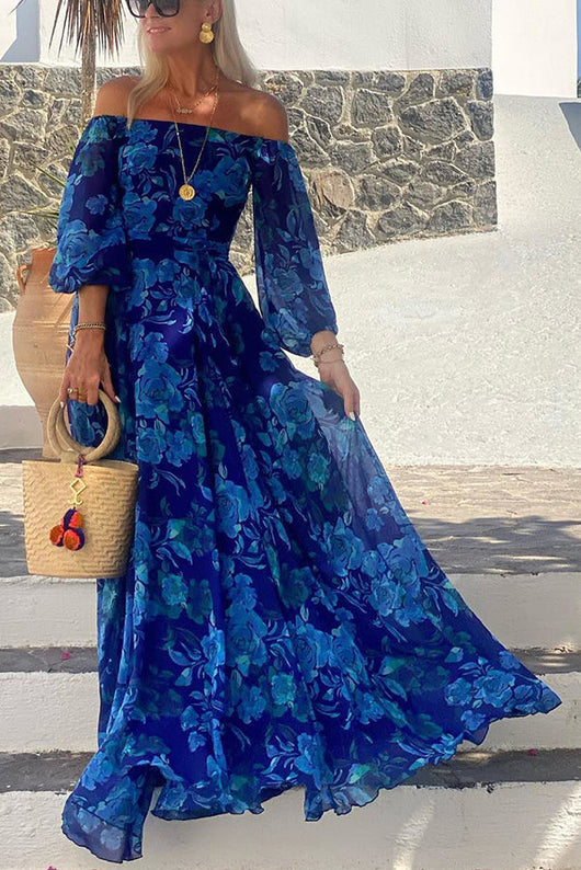 Luna™ | Vestido largo con estampado floral y mangas con hombros descubiertos