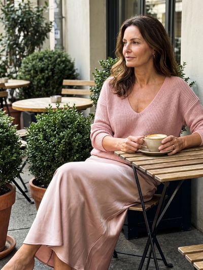 Luciana | Conjunto de falda satén sesgada para otoño con capas de punto