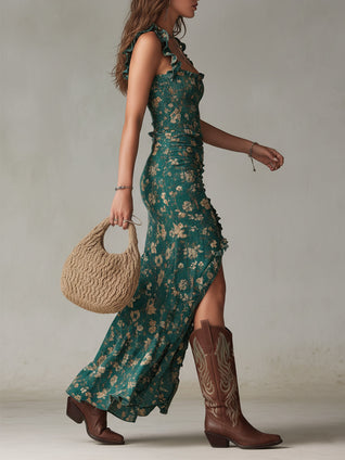Sara | Vestido largo de estilo boho retro con mangas fruncidas y abertura alta