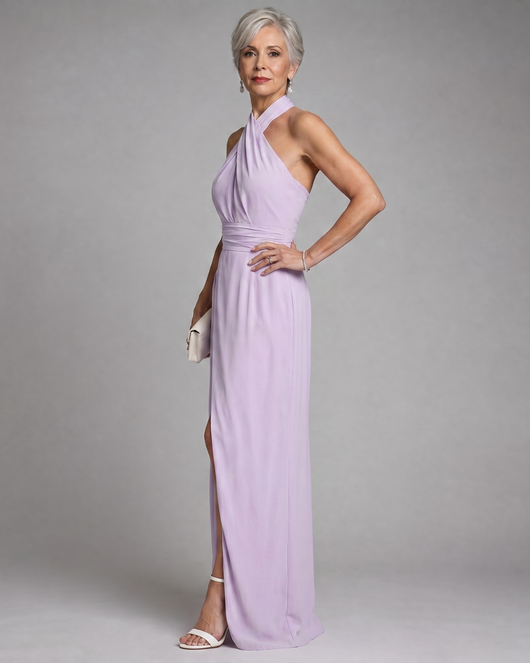 Valeria | Vestido midi drapeado con escote halter cruzado y abertura lateral